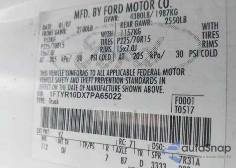 2007 Ford Ranger Stx/Xl/Xlt z USA, uszkodzony, nr VIN 1FTYR10DX7PA65022